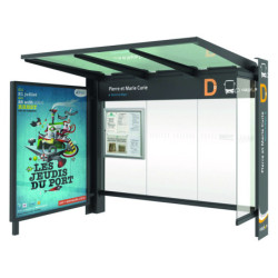 Abri avec vitrine à gauche et bardage latéral à droite