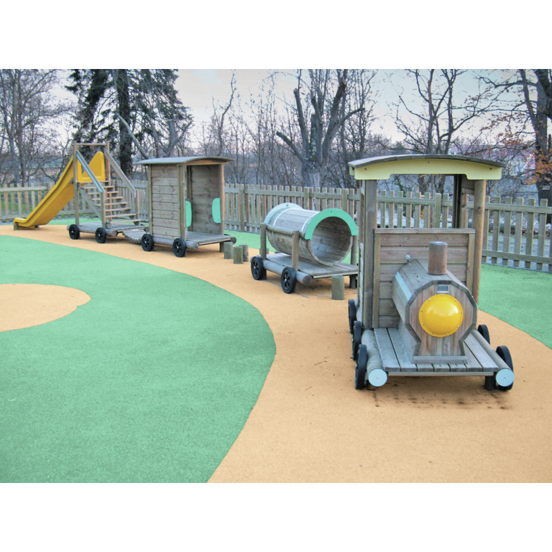 Locomotive + Pas de géant + wagon citerne + wagon voyageurs + Passerelle souple + wagon toboggan