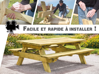 Vidéo installation table pique-nique bois GEMMA